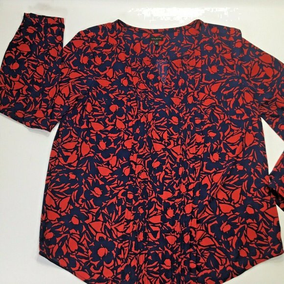 Talbots~Pintuck Yoke Accent~Keyhole Neck~Navy~Red~ - Picture 7 of 9